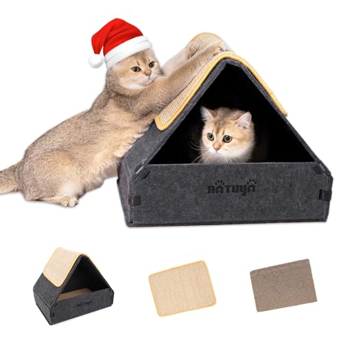 NATUYA Cat Scratcher House with Cardboard Sisal Scratching Pad, Indoor Sturdy Cozy Cats Hideaway Box Bed Hut for Pet Kitten Cats Play Nap Scratch, Detachable & Easy Assembly
