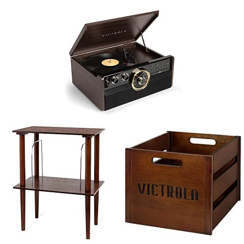 Victrola Empire Mid-Century 6-in-1 Turntable (Espresso) with Victrola Wooden Stand for Wooden Music Centers with Record Holder Shelf, Espresso & Victrola Wooden Record Crate