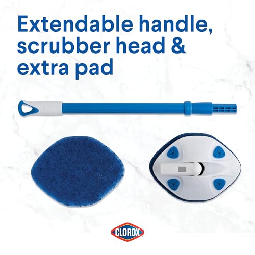 Image of CLOROX Extendable Tub and Tile Scrubber (Pack of 2) with Extra Pad - Plastic Head, Blue, Tile Surface