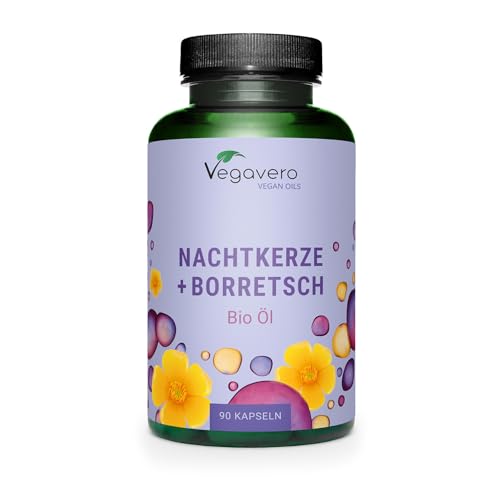 Evening Primrose Oil Vegavero | El único Vegano & Orgánico | Aceite de Onagra Y Borraja | Acné + Psoriasis + Eczema | Con Omega 6 | Prensado en Frío | Sin Aditivos | Onagra 500 mg | 90 Perlas
