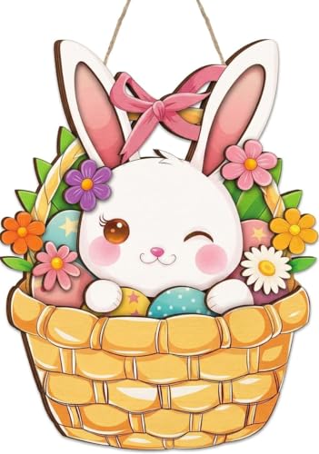 HEYINSHEN Easter Bunny Door Sign Wooden Bunny Basket Door Hanger Cute Rabbit Wreath with Flowers & Eggs Hanging Sign for Front Door Porch Wall Spring Easter Home Decor Gift