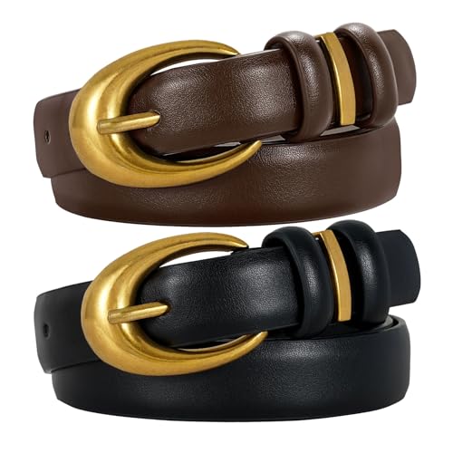 Image of TRIWORKS 2 Pack Women Leather Belt for Jeans Pants Fashion Ladies Faux Leather Belt with Gold Buckle