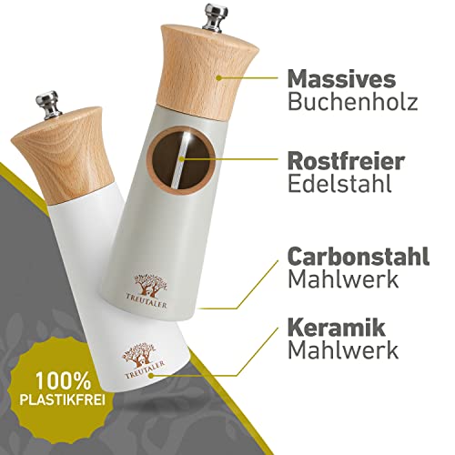 Foto von TREUTALER® Plastikfreie Salz und Pfeffermühle mit Untersetzer - Gewürzmühlen Set aus massivem Holz mit stufenloser Edelstahl-Mechanik, Keramikmahlwerk und Carbonstahlmahlwerk - Weiß & Grau