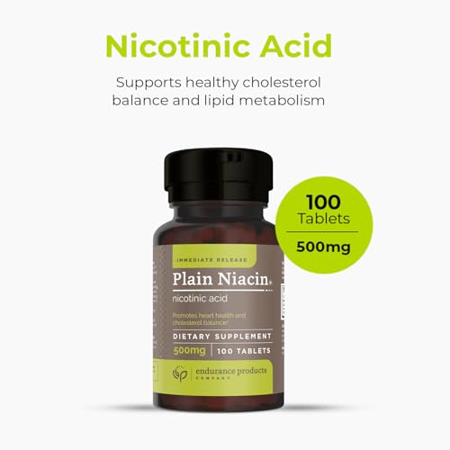 Endurance Products B3 Plain Niacin - 500mg Immediate Release Vitamin B-3 with Flush - Nicotinic Acid 100 Tablets - Non-GMO, Vegan, Gluten Free