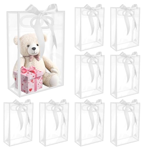 BadenBach 10 PCS Clear Gift Bags with Handles White Ribbon 7.1x10x3.2