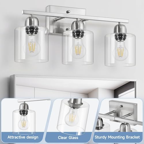 Image of Modern Brushed Nickel 3 Light Bathroom Light Fixtures,19 inch Vanity Lights For Bathroom With Clear Glass, Bathroom Lighting Fixtures Over Mirror For Mirror Kitchen Living Room Hallway Cabinet Porch