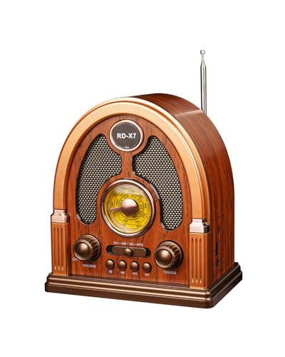 Qneye Vintage Portable AM/FM/SW Radio with Bluetooth & TWS Stereo, USB/TF Playback, High Sensitivity Antenna, Rechargeable Radio for Home,Office,Kitchen (Retro Design)