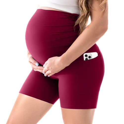 Walifrey Women's Maternity Shorts with Pockets Over The Belly,Pregnancy Yoga Pants Activewear Biker Shorts Casual Burgundy L