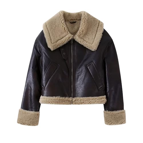 Manteau vintage femme en similicuir doublé chaud avec fermeture éclair et revers