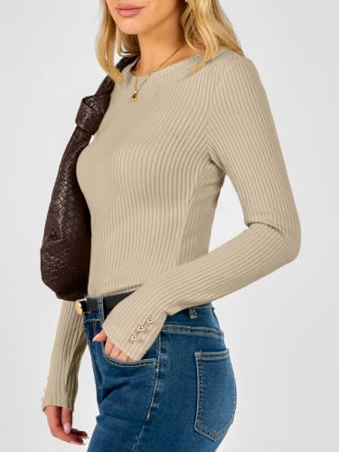 ANRABESS Womens Long Sleeve Shirts Slim Fitted Tops Beige Medium — view 3