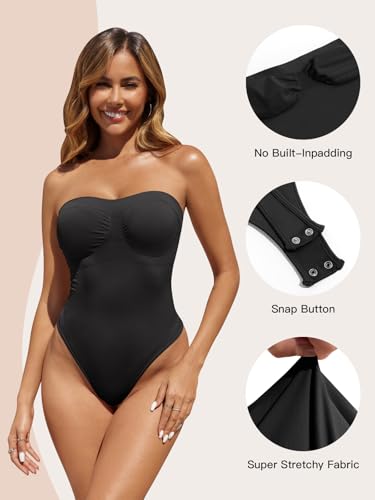 Image of Fisoew Women's Strapless Shapewear Tummy Control Thong Bodysuit One Piece Tube Top Seamless Body Shaper