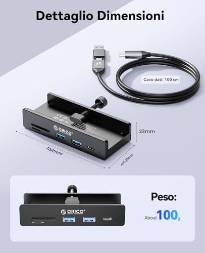 Hub USB 3.2, Alluminio USB-Hub Clip con porta USB-C PD 60W, 10Gbps 7 porte Distributore USB con 2 Tipo A 3.2 e 1 Tipo C 3.2, SD/TF 3.0, AUX, Cavo da 100cm per monitor, Scrivania - Hub USB - Immagine 6
