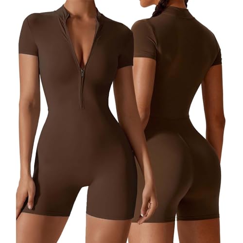 Sport Jumpsuit Damen Kurz - Yoga Overall Damen Skims Bodysuit Eng Scrunch Butt Overalls mit Reißverschluss V-Ausschnitt Bodycon Playsuit Kurzarm Strampler Einteiler Romper Overalls Jumpsuits