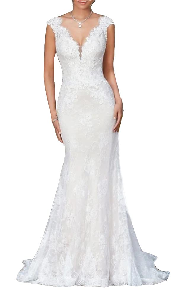 Femmes Sirène Robe de Mariée Dentelle Robe de Mariée sans Manches Robe Blanche