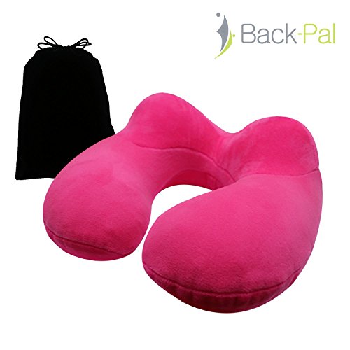 Back Pal Inflatable Travel Neck Pillow; Plane Neck Pillow & Camping Pillow with Head, Chin and Neck Support; Best for Airplane, Car, Train, Office Sleep-Raspberry Pink