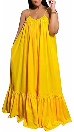 Womens Sexy Sleeveless Spaghetti Strap Dress Ruched Ruffle Hem Beach Loose Long Maxi Swing Dress Plus Size