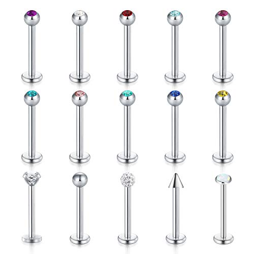 FECTAS 15pcs Barres lèvres Stud Set en Acier Inoxydable 6/8/10mm 16G Labret Monroe Tragus Helix Boucle d'oreille Bars Piercing Cover