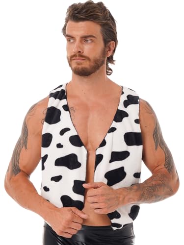 TTAO Chaleco de franela para hombre con estampado de vaca, sin mangas, parte delantera abierta, parte superior, animal, vaca, cosplay, ropa de fiesta, ropa de club, Negro , L