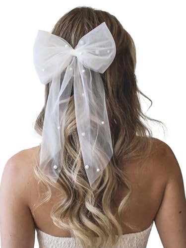 AROCOOY Short Wedding Veils White Pearl Bow Veil Tulle Bridal Hair Accessories Bride to Be Veil for Bachelorette Party Decorations