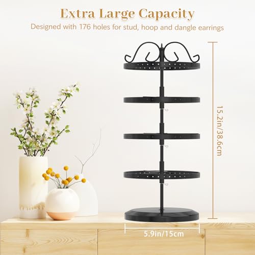 Image of MODOWEY 4 Tiers Metal Rotating Earring Holder Organizer Stand Adjustable Display Tree, 176 Holes Large Carousel Rack for Stud Hoop Pierced Dangling Women, Idear View for All Earrings, Black