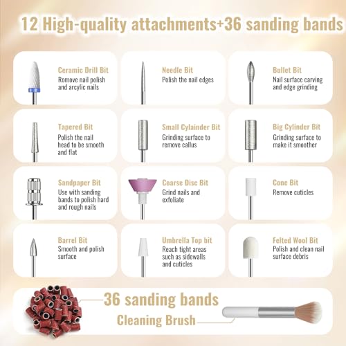 Denabuty Nagelfräser Kabellos 35000 U/Min, Elektrische Nagelfeile 12 in 1 Fräser Nägel Professionell Nail Drill, Nagelfräser für Gelnägel, für Semi Permanent und Acrylnägel, Maniküre Pediküre Golden