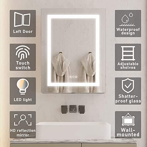 Mirplus 20 X 28 Inch Bathroom Medicine Cabinet With Mirror Wall Mounted Led Bathroom Mirror Cabinet With Lights Cold White Light Inductive Switch Adjustable Storage Shelves (Single Door/Left Hinge) #TOP2