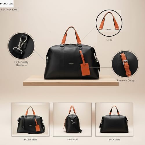 Image of POLICE Warner Vegan Leather 30 LTR. Weekender Duffle Bag for Travel for Men and Women (Unisex) - Black /Tan
