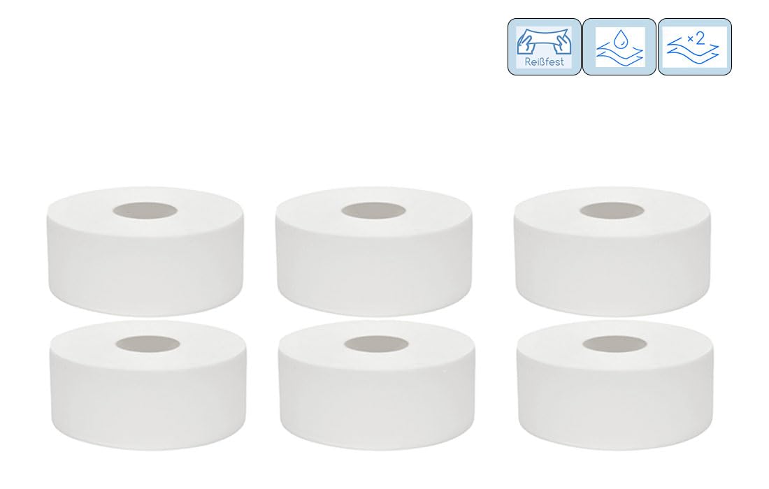 Jumbo Toilettenpapier 2-lagig 6000 Blätter, Klopapier - 6 Rollen Großpackung, WC-Papier für Spender, Weiß