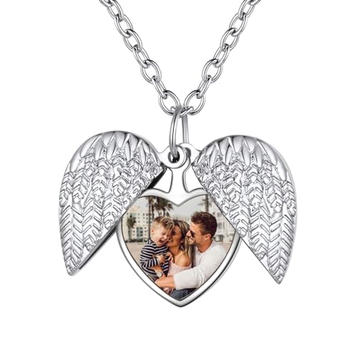 Custom4U Collar Con Foto Personalizada Alas De Angel Colgante De Plata Texto Tallado Colgante Corazón Regalo De Cumpleaños Para Mujer Madre