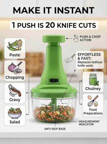 Image of Manual Push Vegetable Chopper with 6 Stainless Steel Blades (650ml, Multicolor) | Heavy Duty Hand Press Food Processor & Whisk for Onion, Salad, Chutney & Gravy