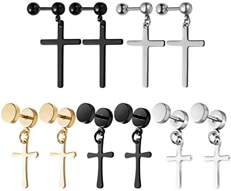 JDXN 5 Pair Stainless Steel Cross Dangle Stud Earrings Set Hoop Cross Pierced Earrings For Women Men