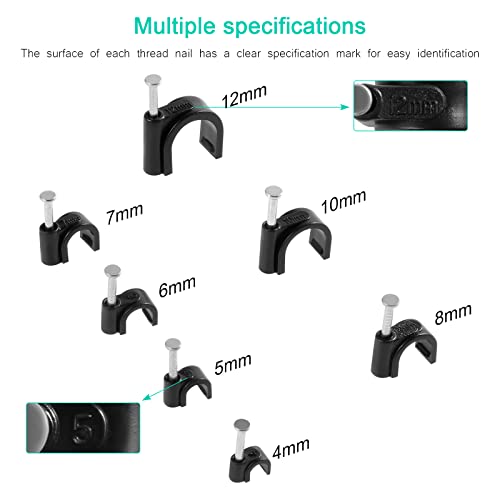 Fippy 600 Stücke Nagelschellen Kabelschellen 4mm 5mm 6mm 7mm 8mm 10mm 12mm Schwarz Weiß Kabel Nagel Befestigung Nagel für Netzwerkkabel mit Tragbarer Box,Schwarz