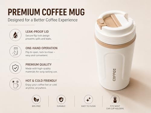 Image of Kitchivo Multipurpose Insulated Travel Mug - 350ml | Double Wall Stainless Steel Flask for Coffee, Tea & Milk | 100% Leak-Proof | Keeps Hot & Cold for Hours | Car Friendly (Cream White)