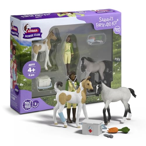 Schleich Horse Club | Kit de Premiers Secours de Sarah 42777 | avec 2 poulains, Sarah articulée et Accessoires | Jouet éducatif pour Enfants dès 5 Ans | Coffret de 8 pièces