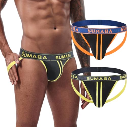 ZAIGELUO Męskie spodnie Jockstraps Sexy Low-Rise bielizna sportowa stringi sportowe z paskami na nogi męskie stringi bielizna sportowa, 2 opakowania, L
