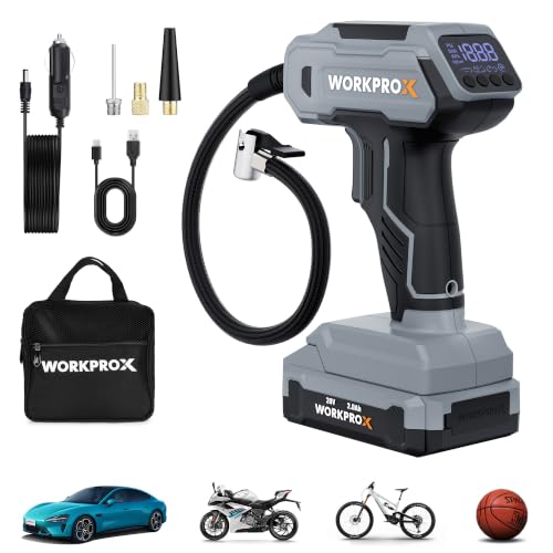 WORKPROX Tire Inflator Portable Air Compressor, 150 PSI Cordless Car Tire Pump with Digital Pressure Gauge, Fast Inflation, Rechargeable Battery & 12V DC Power, for Cars, Motorcycles, Bikes, Balls