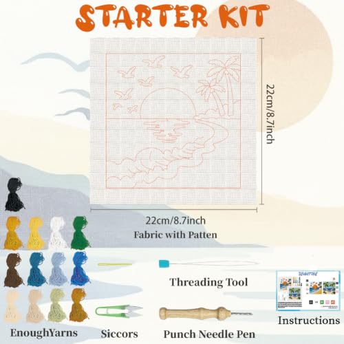 Image of BEUNITONE 2Set Punch Needle Kits with Beach Pre-Print Pattern Easy for Adults Beginners, DIY Craft Embroidery Needlepoint Kits, Punch Needle Set for Craft Lovers Home Decor Festival Gift 9.4x9.4 inch