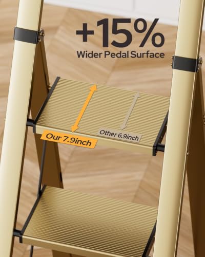 Image of 5 Step Ladder for 10 Feet High Ceiling, Lightweight Aluminum Folding Step Stool with Convenient Handgrip, Stepladders with Anti-Slip and Wide Pedal for Home Use Space Saving - Gold