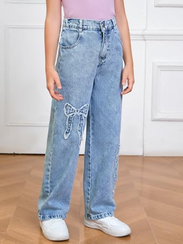WDIRARA Girl's Bowknot Print Washed Jean Elastic Waist Denim Pants Straight Leg Trousers with Pockets3