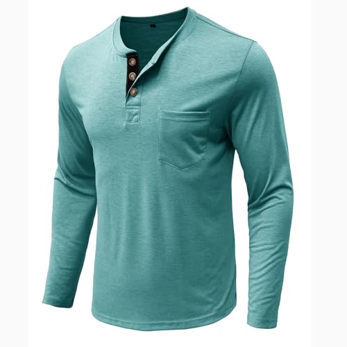 Big and Tall t Shirts Mens Stretch Fit Shirts Long Sleeve Crew Neck Button Down Pullover Color Block Cotton Athletic Blouse with Pockets Lake Green Men\'s Athletic Shirts & tees M - Thumbnail 3