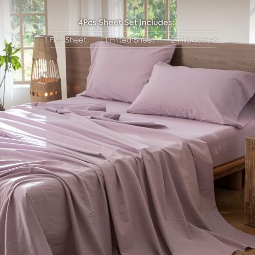 Image of MooMee Sheet Set 100% Washed Cotton Linen-Like Extra Deep Pocket Cal King | Relaxed Linen-like Texture. Soft, Breathable & Lightweight Comfort. 15-19 inch Extra Deep Pocket with All-around Elastic