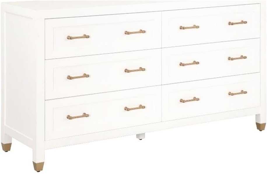 Pemberly Row 6-Drawer Double Dresser, 66" W x 36" H x 20" D, Solid Wood, Matte White Finish, Brushed Brass Accents, Full Extension Glides, Transitional Bedroom Storage Furniture
