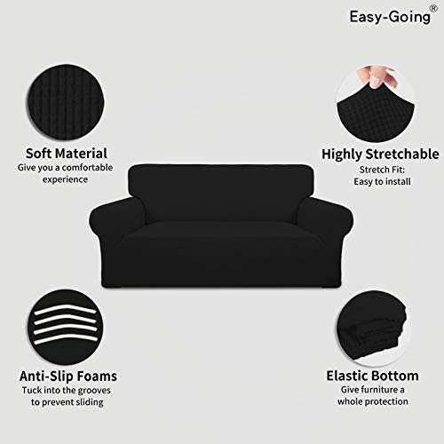 Image of Easy-Going Stretch Oversized Loveseat Slipcover 1-Piece Sofa Cover Furniture Protector Couch Soft with Elastic Bottom for Kids Polyester Spandex Jacquard Fabric Small Checks Black