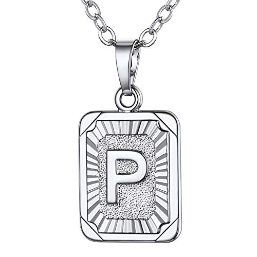 U7 A-Z 26 Letters Pendant Men Womens Fashion Name Monogram Jewelry Mother Daughter Necklaces Platinum Plated Square Pendants Capital Initial Necklace (P)