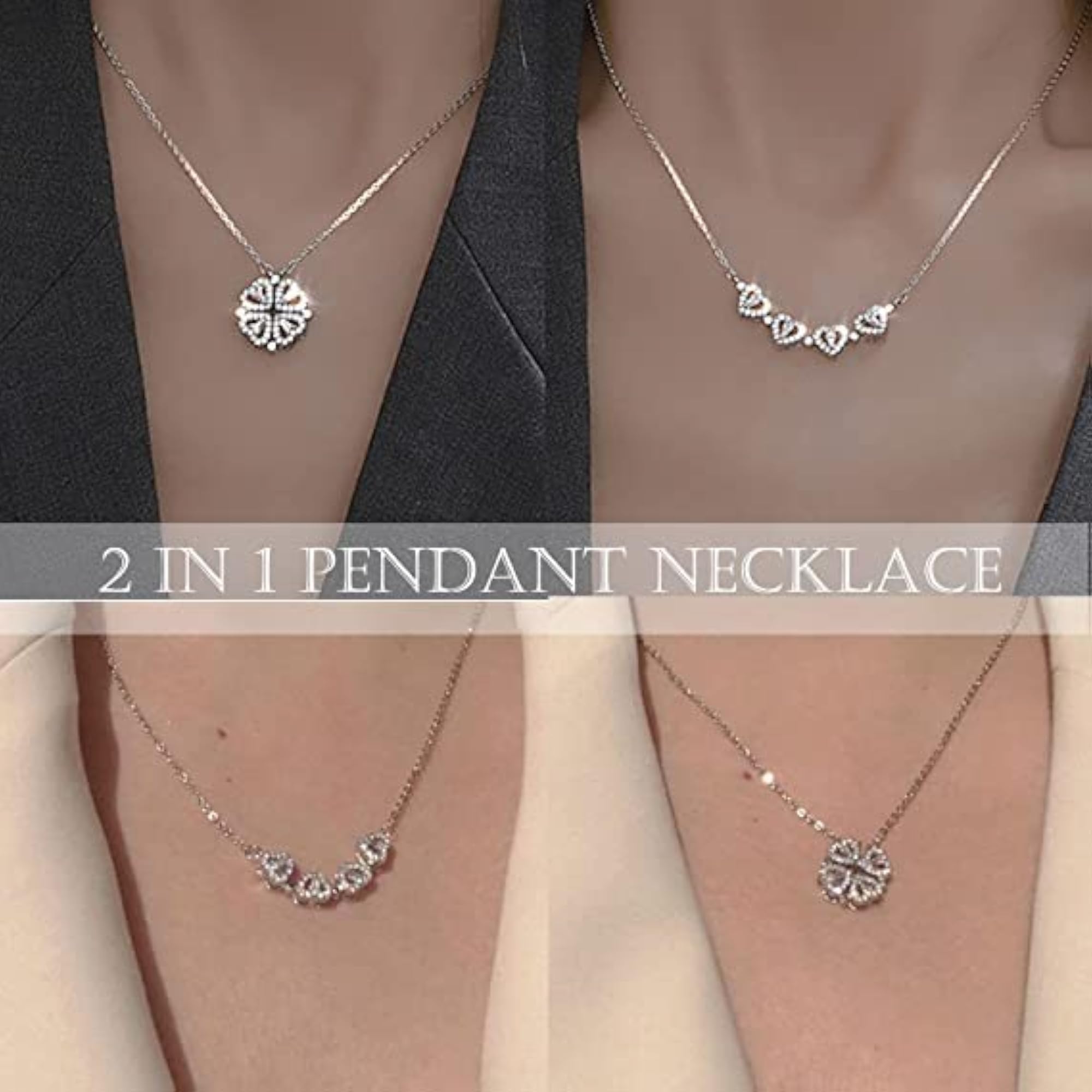 Heart Necklace Set Diamond Pendant Silver Chain Magnetic Love Jewelry