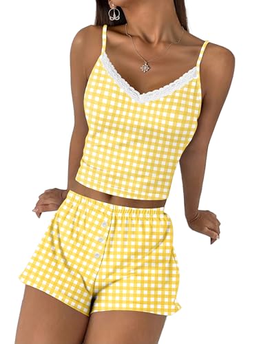 Image of Ekouaer Cami Pajama Sets Y2K 2 Piece Lace Crop Top and Shorts Sexy Pjs Summer Lingerie Sleepwear Nightwear for Women