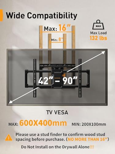 Image of Perlegear UL Listed Full Motion TV Wall Mount for 42-90 inch TVs up to 132lbs, Heavy Duty TV Mount with Dual Articulating Arms, Tool-Free Smooth Tilt, Swivel, Fits 16 inch Studs, Max VESA 600x400mm, PGLF8