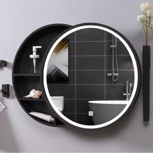 Armario con Espejo para baño, Redondo, de 50/60 cm, con luz, para Pared, Impermeable, para Almacenamiento en la Pared (Color: Negro, tamaño: 60 x 60 cm)