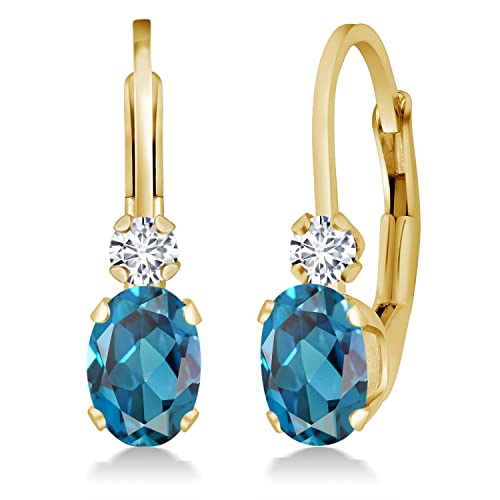 Gem Stone King 14K Yellow Gold London Blue Topaz and White Diamond Leverback Earrings For Women | 1.07 Cttw | Gemstone November Birthstone | Oval 6X4MM, Round 2MM | 3/4 Inch