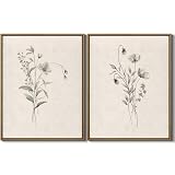 Vintage Botanical Flower Wall Art 2 Piece Neutral Boho Wildflower Painting Prints Farmhouse Floral Plants Wall Decor Minimalist Artwork for Bedroom Bathroom Living Room Home Office, 11x14 Inch Framed
